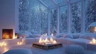 Soft White Piano Lounge | Snow Falling Outside the Window & Warm Fireplace Glow for Focus Sleep