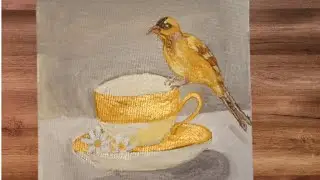 Beautiful Acrylic Painting | Bird Sitting on Tea Cup | Easy Painting for Beginners🎉🖌️✍️✍️🙏🎨