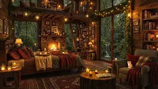 Rain Sound & Thunderstorm with Jazz Melody | Warmth Fireside in a Cozy Cabin next to the Forest