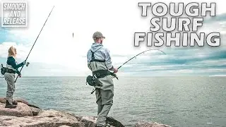 TOUGH SURF FISHING CONDITIONS - HOOKING INTO BLUEFISH - LONG ISLAND , NY - SMOOCH AND RELEASE