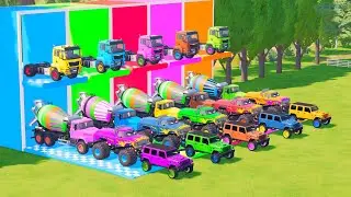 TRANSPORTING POLICE CARS, AMBULANCE, FIRE TRUCK, COLORFUL CARS WITH JEEP#54 - FARMING SIMULATOR 22!