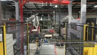 Automatic palletizing system on two Kawasaki robots - 4 functions for 3 lines!