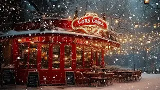 A Peaceful Snowy Winter Night Outside the Cafe | Soft Jazz Melodies for Relaxation