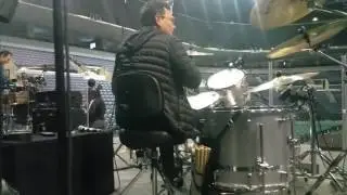 Dan Todd and Natalie Belmont watch Culture Club's Jon Moss goofing off behind his kit.
