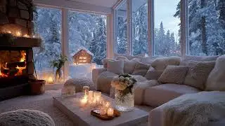🏠 Modern White Lounge | Piano Melodies & Snowing Outside (5 Hours) | Focus Study Comfort Meditation