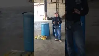 55 gallon, recycled plastic barrel. Modified for use as storage container.