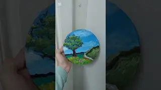 landscape painting on small size round canvas:)||#landscape#art#just_one_stroke ;?!.