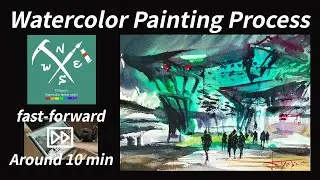 Illuminated night station - Watercolor painting process