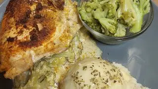 #stuffed broccoli and cheese chicken breast/ steamed broccoli/ mashed potatoes & gravy/ banana pie