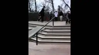 Crooked grind 6 stair handrail