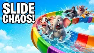Long Slide Game With Cow Elephant Gorilla Hippopotamus Tiger  | Funny 3D Animals