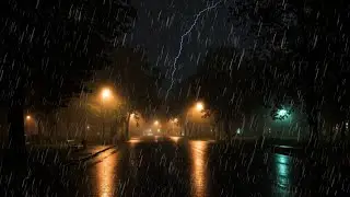 Calming Rain Sounds Beneath Overcast Skies on a Quiet Park Road for Rest | Soft Rain
