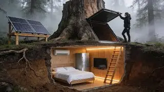 Solo Female Builds Secret Underground Luxury Bunker Inside a Giant Tree Stump (Full Process)