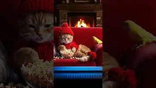 Cozy Cat Movie Night 🍿 Ginger Cat Eating Popcorn by the Fireplace with Bird Friend