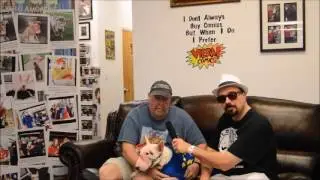 Tugg the Bull Terrier puppy sings The Riley and Kimmy Show jingle at Viera Comics