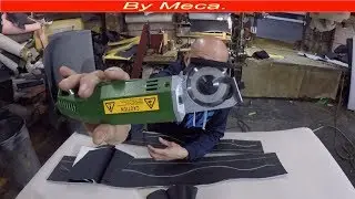 Electric rotary scissors on upholstery   Cutting vinyl with electric rotary scissors English  audio