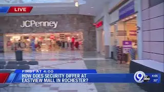 How does mall security differ at Eastview Mall in Rochester versus Destiny USA?