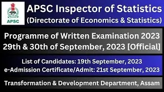 APSC Inspector of Statistics: Programme of Written Examination 2023