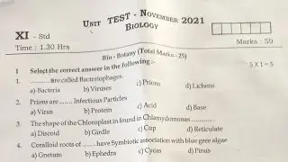 11th Biology||Unit Test November 2021||Question paper||