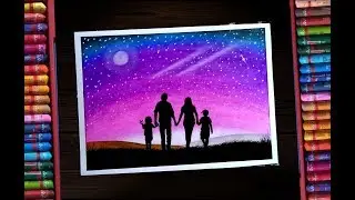 Happy family with moonlight sinary drawing for beginners || step by step