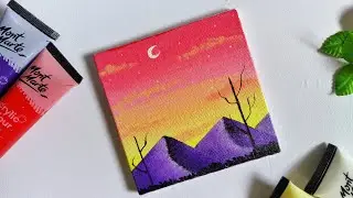 Mini canvas mountain landscape painting for beginners || aesthetic paintings