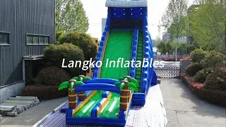 Giant Slide Blue Marble Palm Tree Shape Double Lane Inflatable Slide