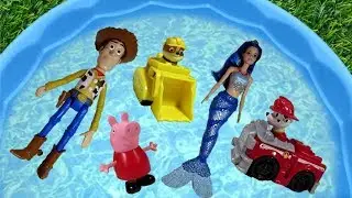 Learn Characters Names for Kids with Vehicles Pj Masks Mermaid Barbie Paw Patrol in Blue Pool Toys