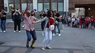 Football Championship Hymn  on wind group with football fans, center of Moscow