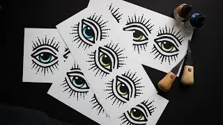 Linocut Printmaking Process | 'The Eyes Have It' | Block Printing & Watercolor Art