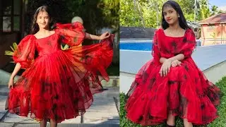 DIY :Organza frill frock cutting and stitching/square  neckline puff sleeve dress /9 years