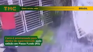 Carro &eacute; lan&ccedil;ado dentro de supermercado ap&oacute;s batida em Passo Fundo; cliente escapa por pouco