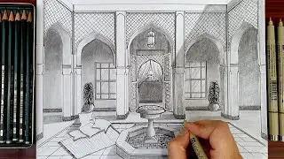 Drawing An Arabian Courtyard in One Point Perspective | Timelapse