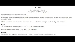 A. Legs || Codeforces Round 962 (Div. 3) || Problem Solving || C++