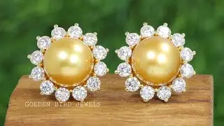 14.00 MM Natural Freshwater Pearl Halo Stud Women's Earrings In 14K Yellow Gold
