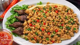 ឆាត្រប់ដុតសាច់មាន់ចិញ្ច្រាំ Soft Oven-Baked Eggplant with Savory Minced Chicken | Cambodian Recipe