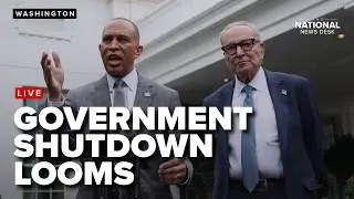 Hakeem Jeffries and Chuck Schumer answer questions after meeting with President Trump