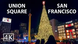 [4K] 🎄 Union Square at Night - San Francisco California - Walking Tour