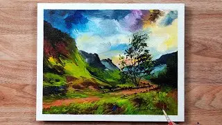 Colorful Sky and Mountain / Acrylic Landscape Painting on Paper / Hamlet Shougrakpam Art