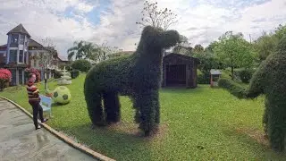 Pra&ccedil;a  com esculturas verdes em Nova Candel&aacute;ria  RS