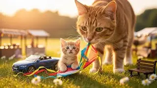 Mama Cat Teaches Kitten to Fly a Kite in a Golden Meadow