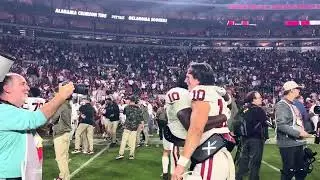 John Mateer, Oklahoma Football celebrate on Saban Field after beating Alabama