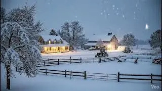 Snowy Farmhouse Night (90 Minutes) - 4K Static Loop: Rustic Winter Farm & Heavy Snowfall
