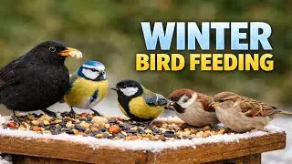 4K Winter Bird Feeding | Blackbird, Blue Tit, Great Tit & Sparrows at the Feeder
