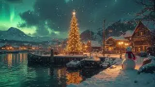 Cozy Winter Village Ambience ❄️ Slow Relaxing Piano Music, Christmas Night, Snowfall, Northern Light