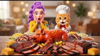 🍖 EPIC Texas BBQ & Roast Pig Mukbang! Girl & Chef Cat ASMR (Satisfying & Crispy) 🐱