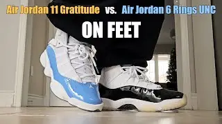 Сравнение кроссовок Air Jordan 11 Gratitude и Air Jordan 6 Rings UNC на ногах.