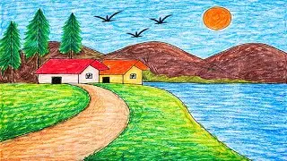 Easy Village Road Scenery Drawing | River, Mountain & House Drawing Step by Step for Beginners