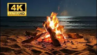 5 Hours of Fire on the Beach | 4K Ocean Night Ambience