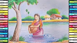 Village pond scenery drawing (step by step) /Village scenery drawing / Working women drawing