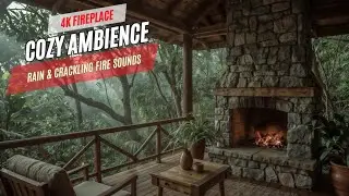 Rainforest Porch Fireplace Ambience 4K | Crackling Fire & Gentle Rain Sounds (2 HOURS)